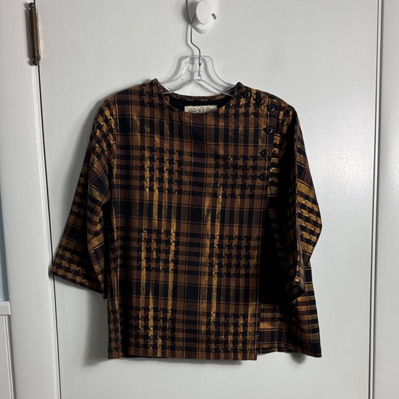 Ace & Jig Button Detail 3/4 Sleeve St. Honore Black and Brown Metallic Blouse S - Picture 2 of 10